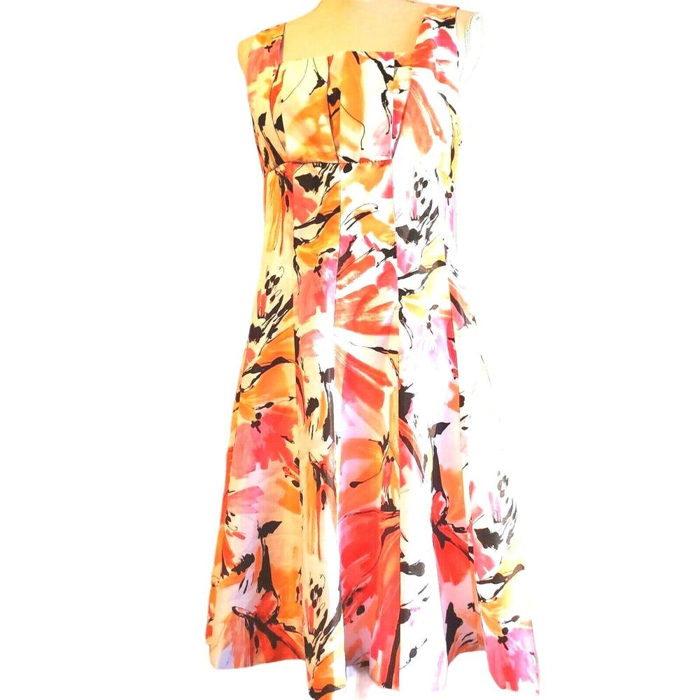 Kathy Roberts Swing Dress Size 8 Floral Abstract Art Zip Back Sleeveless Cottage